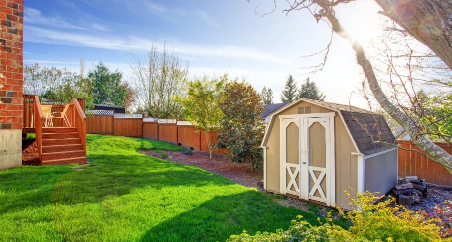 Fenced backyard with storage shed in Youngstown